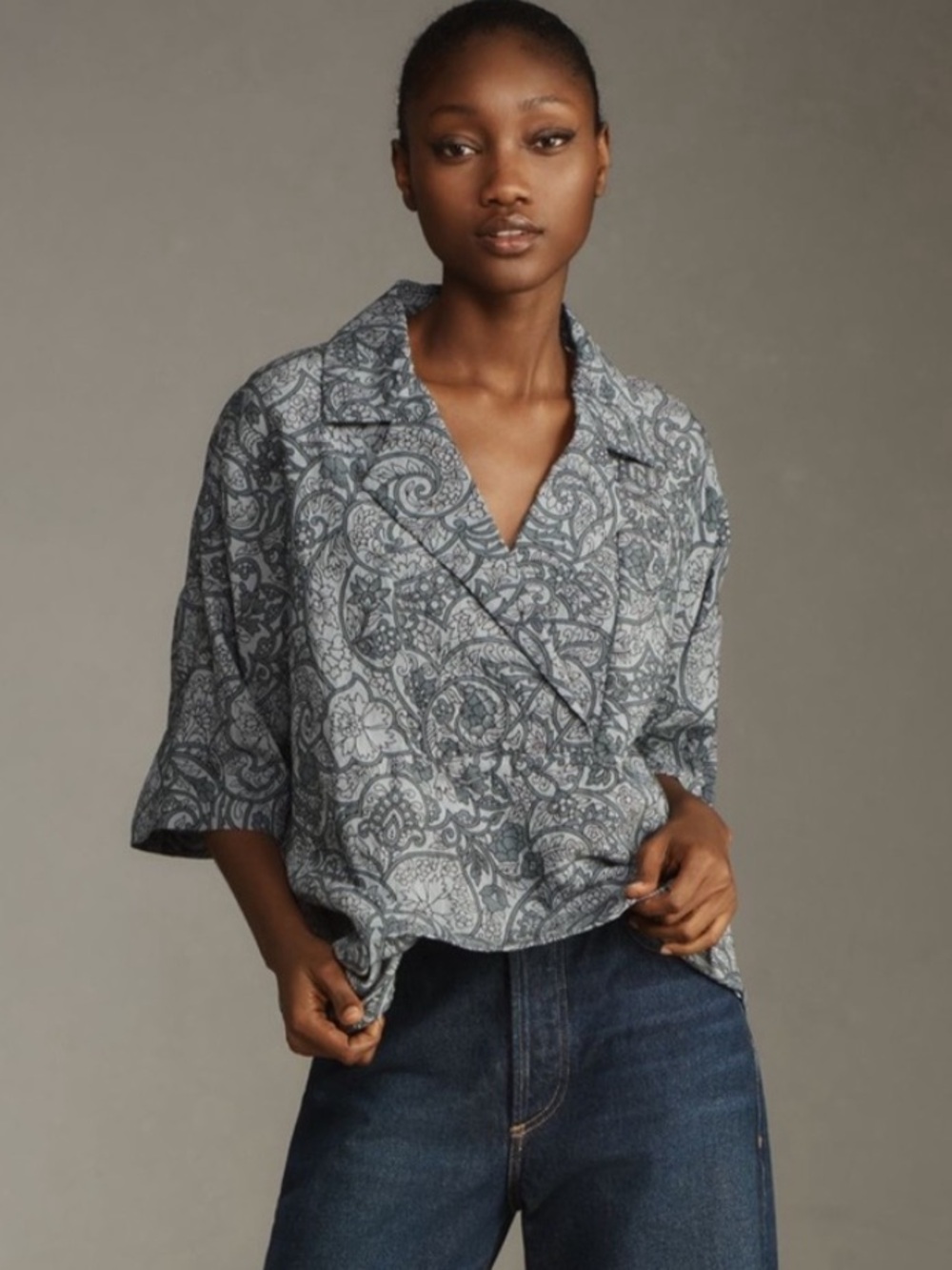 Anthropologie The Dylon Short-Sleeve Wide-Placket Top Blue Paisley Oversized XS